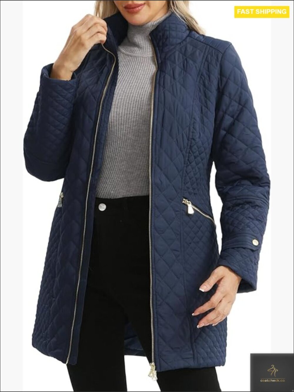 Plus Size Long Quilted Lightweight Jacket Stand Collar Diamond Stitching